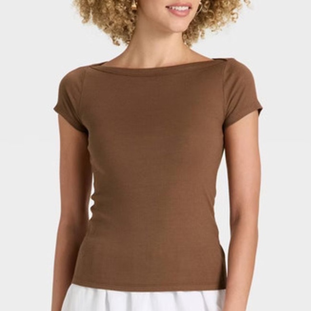 A New Day Brown Ribbed Boat Neck Long Sleeve Top Large Fitted